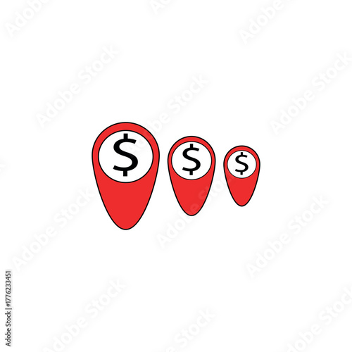 Red map markers each carrying a dollar symbol for economic destination or investment target.