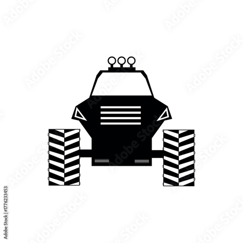 Bold black silhouette of a large monster tractor vehicle designed for rugged terrain.