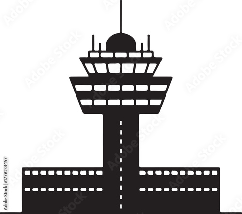 Black silhouette of an airport control tower with a wide base and antennas on top air traffic control