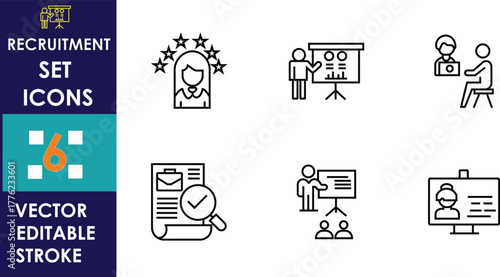 Collection of six recruitment-themed vector icons showing job interview, candidate selection, training, presentation, online interview, and checklist. Minimal line style with editable stroke design fo