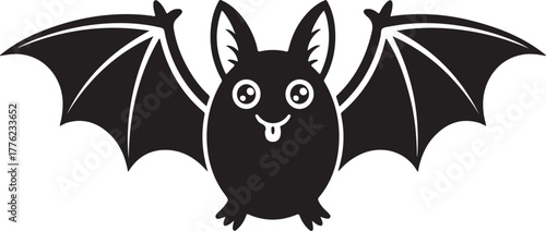 Cute cartoon black bat with wings spread and tongue sticking out animal