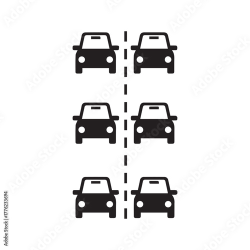 Highway Traffic Jam Icon, Heavy Road Congestion Symbol, Cars in Two Lanes Silhouette
