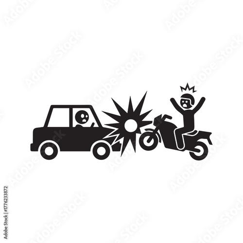 Motorcycle and Car Crash Icon, Road Accident Symbol with Motorbike and Vehicle, Collision Pictogram
