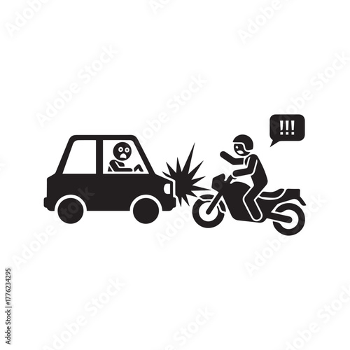 Motorcycle and Car Crash Icon, Road Accident Symbol with Motorbike and Vehicle, Collision Pictogram
