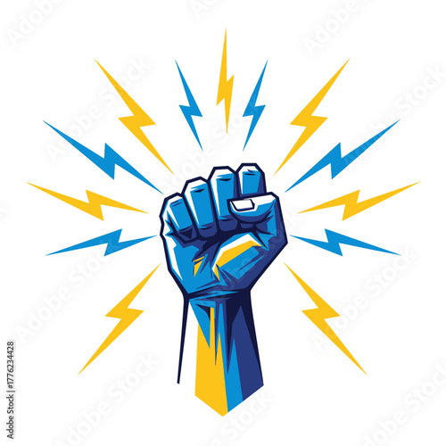 Raised blue fist surrounded by yellow and blue lightning bolts - Concept of idea design for t-shirt  