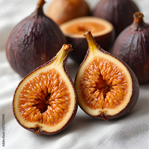Luxurious Close-Up of fresh Figs on White Fabric Showcasing Natural Seeds and Texture