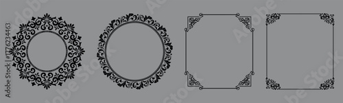 Set of decorative frames Elegant vector element for design in Eastern style, place for text. Floral black and gray borders. Lace illustration for invitations and greeting cards