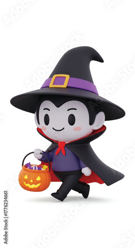 A cute cartoon vampire character dressed as a witch, holding a pumpkin-shaped candy bucket filled with treats.