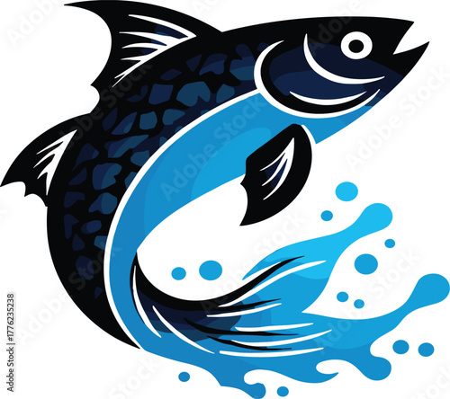 Dynamic leaping fish splashes blue water, vibrant logo