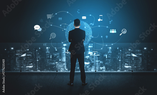 Visualization of global digital communication and online across multiple platforms, including global network, digital network, communication network, and online network. Vouch