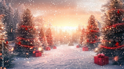 Decorated christmas trees with red garlands into a forest on a snowy sunrise close to xmas gifts in red boxes , Generative AI illustration