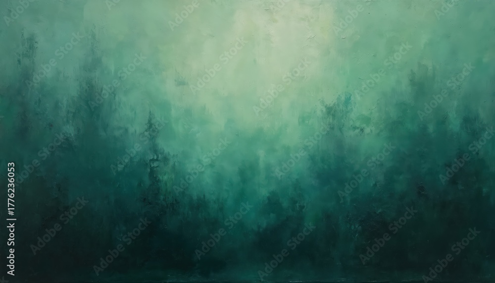 Fototapeta premium Abstract green textured background shows light to dark gradient with hazy brushstrokes. Dark forest shapes emerge from deep fog. Deep green, teal tones create mysterious, melancholic mood for art,