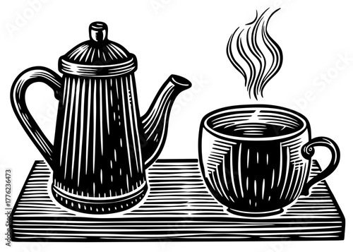 Coffee pot and steaming cup vector silhouette on a wooden tray vintage style illustration