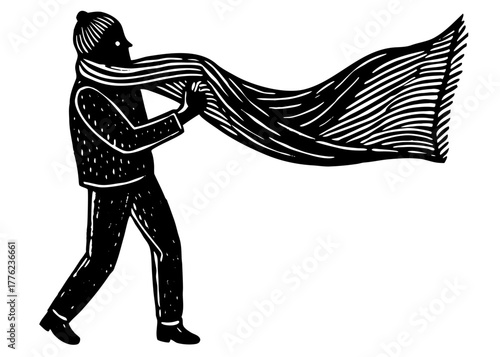 Person wearing a winter hat and long flowing scarf caught in a strong wind vector silhouette graphic illustration