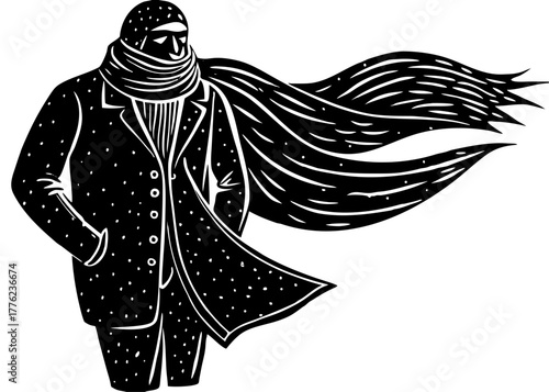 Vector silhouette of a mysterious man bundled in a warm coat with a long scarf dramatically blowing in the wind