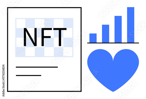 NFT certificate icon beside a bar chart illustrating growth, and a blue heart symbolizing creativity and value. Ideal for NFT, blockchain, digital assets, investment, creativity, online marketing