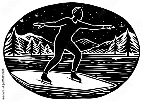 Ice skater vector silhouette gliding on a frozen lake at night with pine trees and mountains in the background