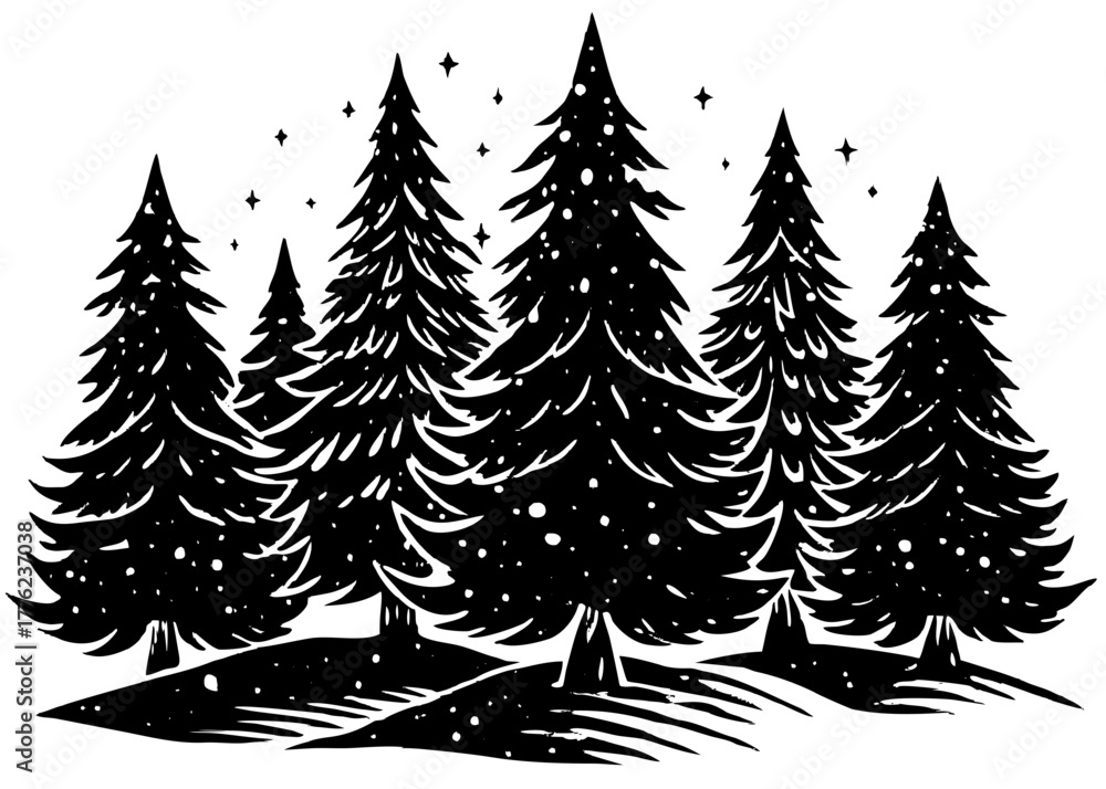 Obraz premium Winter forest pine trees vector silhouette with falling snow and stars in a natural landscape