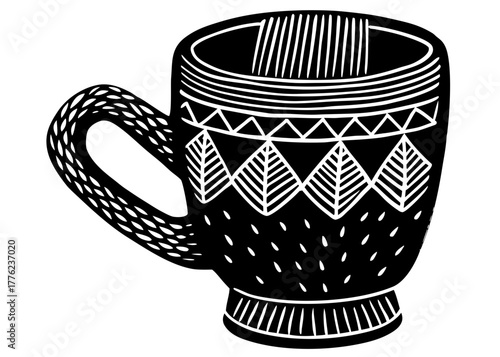 Black and white vector silhouette of a decorative ceramic mug with intricate folk pattern design