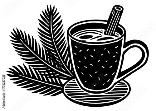 Festive hot drink mug vector silhouette with cinnamon stick and pine branches isolated on white background