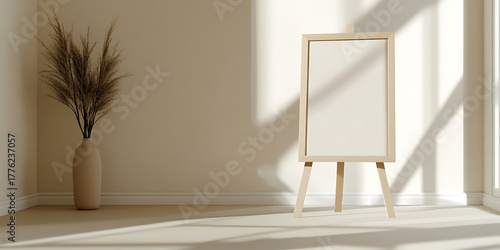 Minimalist interior scene with a blank canvas on a wooden easel bathed in sunlight beside a vase of tall grass, promoting tranquility and artistic inspiration.