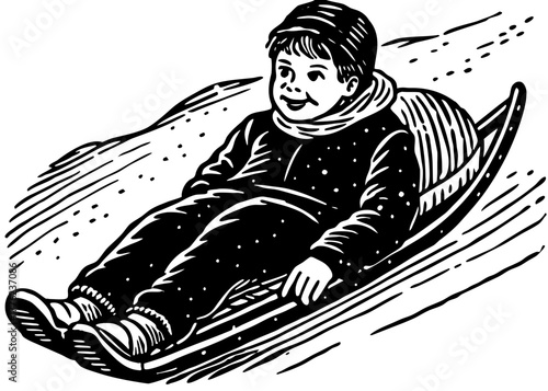 Joyful child on a sled descending a snow covered slope a classic vector silhouette illustration