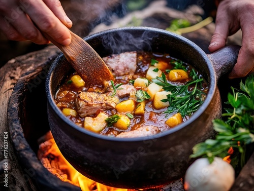 Cooking a hearty stew over an open fire in the forest during autumn evenings