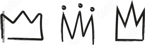Hand-drawn crown set in black ink with minimalist artistic style. Abstract doodle crowns for royalty, fashion, street art, or graphic design use. Trendy sketch symbols for creative projects and logos.