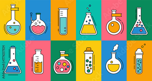Science laboratory, school chemistry set with abstract geometric icons. Medical, chemical or biology lab, school education concept with tubes and flasks, vector illustration