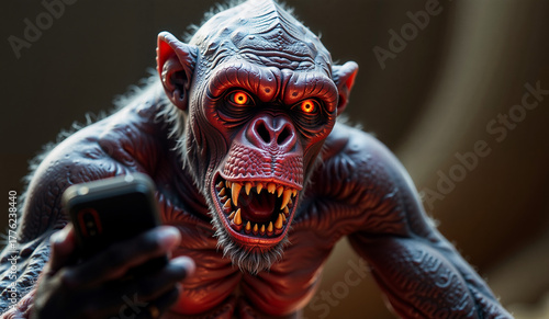 a chimpanzee holding a cell phone in its hand, with a blurred background.