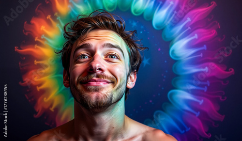 a man with a bright smile on his face, surrounded by a vibrant array of colors in the background.