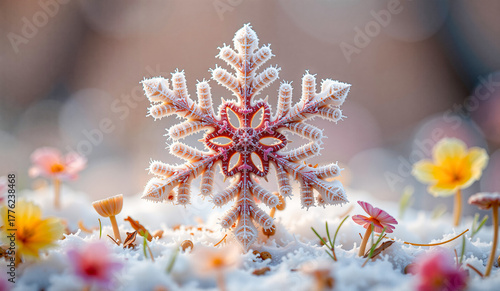a snowflake in the middle of a field of flowers, surrounded by a blanket of snow. The background is slightly blurred, giving the snowflake a sense of focus and prominence.