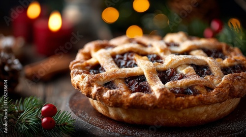 Traditional christmas mince pie with festive decorations