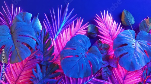 Tropical leaves glowing with vibrant neon colors