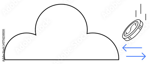 Cloud outline paired with a falling coin and arrows symbolizing digital transfer. Ideal for finance, technology, cloud computing, e-commerce, online banking, transactions, and SaaS. Simple flat