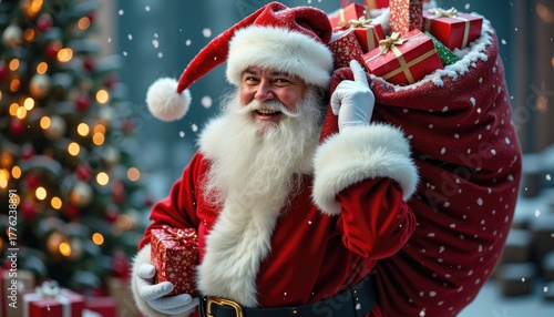 Joyful man in festive red costume is carrying a large sack filled with colorful gifts, surrounded by a beautifully decorated Christmas tree and falling snowflakes