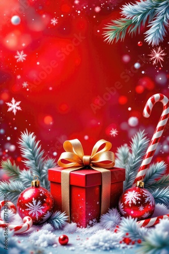 Festive red gift box adorned with a golden ribbon, surrounded by colorful ornaments, candy canes, and frosty pine branches, creating a joyful holiday atmosphere