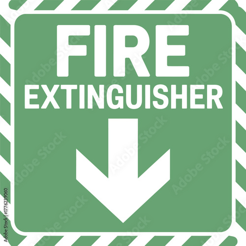 Green fire extinguisher location vector sign with bold white text and arrow, designed for emergency visibility and safety compliance.