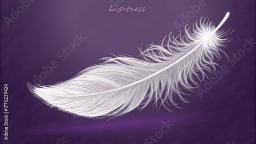 A single pure white feather against a deep purple background