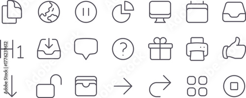 Editable stroke icons set collection of outline iconss including file earth pause chart computer download gift printer and arrow iconss vector iconss set, thin linear icons set illustration.