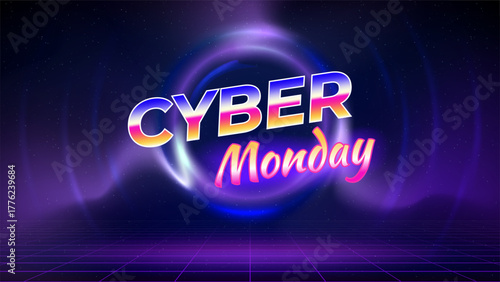 Cyber monday offer banner, neon color. Sale poster, promotion. Stage, laser grid, circular light frame, wireframe, dark blue background. Cyber monday synthwave concept. Space text, copy paste. Vector