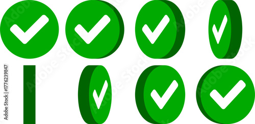 3D Style Sprite Sheet Set of Rotating Green Checkmark Yes Sign Approve or Confirm or Success Round Circle Icon for 2D Game or App Interface Animation. Vector Image.