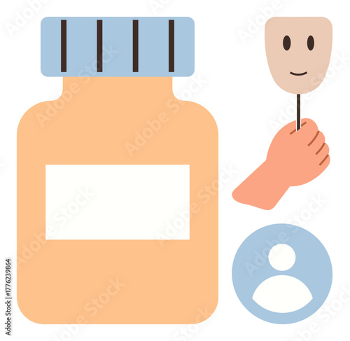 Medicine bottle, hand holding a happy mask, and user symbol illustrating mental health, emotional wellness, treatment, self-care, therapy, identity and recovery. Ideal for healthcare contexts