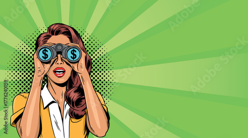 Pop art illustration of a beautiful and strong woman who sees something through binoculars. Colorful vector background in retro comic style.