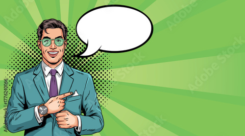 Pop art illustration of a handsome and strong man in a suit with a speech bubble. Vector colorful background in retro comic style.
