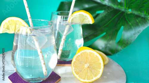 Close up Lemon Water with Fresh Sliced Lemon