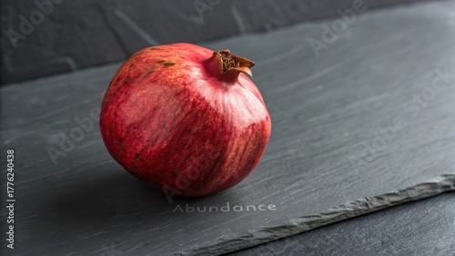 A whole ripe red pomegranate resting on a dark slate board
