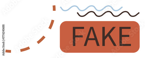 Bold Fake text inside red rectangle, wavy lines, and dotted semi-circle shape. Ideal for misinformation, deception, fraud, hoax, identification, warning awareness simple flat metaphor