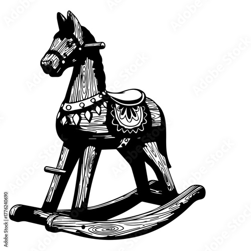Elegant Black-and-White Illustration of Rocking Horse with Saddle and Bridle in Détail