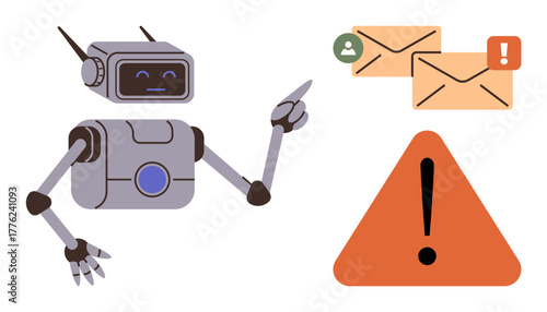 Robot pointing at email notifications with an exclamation triangle representing alerts or warnings. Ideal for technology, automation, AI, cybersecurity, spam detection, innovation, communication